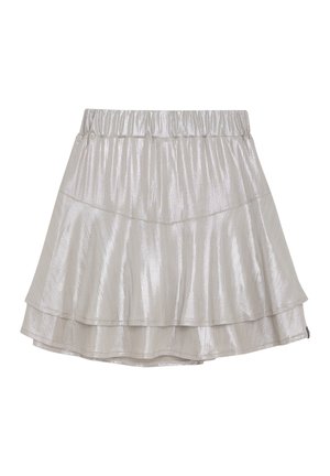 Licht zilveren, gelaagde rok met een elastische tailleband. Beschikt over een zachte, glanzende textuur en een wijd uitlopende ontwerp. Drie aparte ruffles aan de zoom.