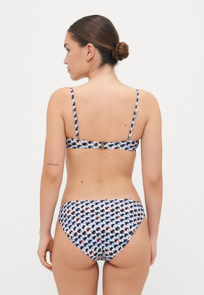 Bikini med et fargerikt mønster av ovale former i blått, rosa og hvitt; justerbare stropper med baklås.