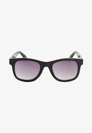 Ochelari de soare negri cu un cadru dreptunghiular, îndrăzneț și lentile violet cu gradient. Material din plastic neted; design simplu, fără elemente metalice vizibile.