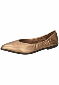 Ballerine metalliche dorate con punta affusolata, tomaia in morbida pelle, bordo elasticizzato per il comfort e suola piatta in gomma.