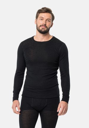 Chemise thermique noire à manches longues avec un col rond, fabriquée en tissu doux et léger, présentant un design ajusté et une texture lisse.