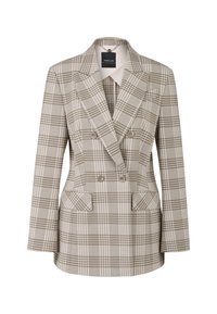 Doppelt gestrickter Blazer in hellgrau und beigefarbenem Karomuster. Verfügt über breite Revers, zwei Knöpfe und Seitentaschen. Der Stoff wirkt strukturiert.