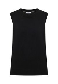 Czarny sweter bez rękawów z okrągłym dekoltem, wykonany z gładkiej dzianiny, o prostym kroju i minimalistycznym wzornictwie. Brak widocznych elementów metalowych.