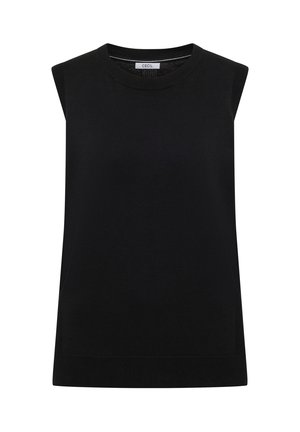 Zwarte mouwloze trui met een ronde halslijn, gemaakt van glad gebreide stof, met een rechte snit en een minimalistisch ontwerp. Geen zichtbare details.
