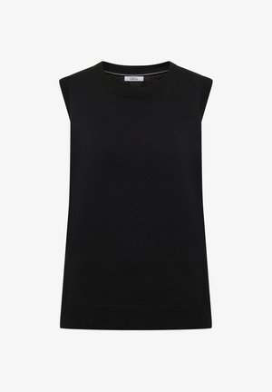 Zwarte mouwloze trui met een ronde halslijn, gemaakt van glad gebreide stof, met een rechte snit en een minimalistisch ontwerp. Geen zichtbare details.