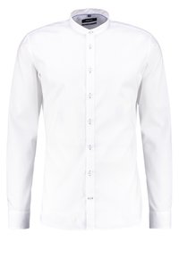 Vit långärmad skjorta med mandarin-krage, med knapplåst framsidan, slät tyg och standard manschettdesign.
