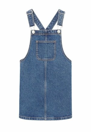 Denim overallskjole i blå med justerbare stropper, sølvfarvet hardware, en forlommer og et lige snit. Glat tekstur med syddetaljer.