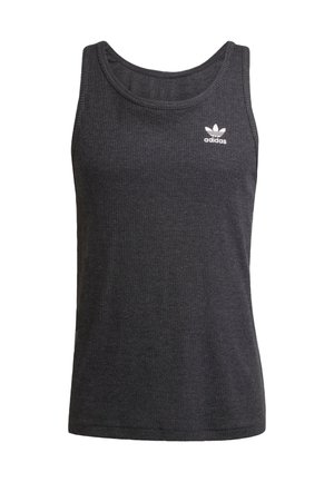 Dunkelgraues, geripptes Tanktop aus Baumwolle mit rundem Halsausschnitt und kleinem weißen Adidas-Logo auf der linken Brust.