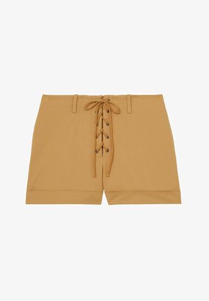 Braune Baumwollshorts mit einer Vorderseite zum Schnüren, Metallösen, flachem Bund und umgeschlagenem Saum. Leichte und atmungsaktive Stoffe.