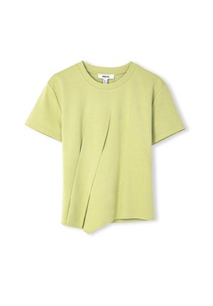 Koszulka z krótkim rękawem w jasnym zielonym kolorze, wykonana z miękkiej bawełny. Posiada unikalny zwisający design na froncie, który tworzy fakturę i wizualne zainteresowanie.