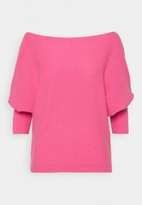 Rosa schulterfreier Pullover mit gepufften Ärmeln, der eine weiche Textur und einen lockeren Schnitt bietet. Rippbündchen betonen das Design.