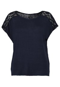 Top azul marino de manga corta con un corte suelto, con detalles de encaje negro en los hombros y un escote redondo. Material suave y transpirable.