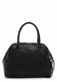 Schwarze Handtasche mit runder Form, aus strukturiertem Material mit kleinen Perforationen, doppelten Griffen und einem Reißverschluss.