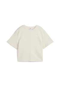 Krótki rękaw, skrócony t-shirt w kolorze kremowym, wykonany z teksturowanej tkaniny z małym białym logo po lewej stronie na klatce piersiowej.