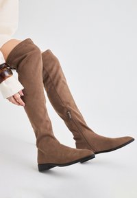 Botas de ante marrón hasta la rodilla, con puntera afilada, tacón bajo y cierre lateral con cremallera. Textura suave y diseño minimalista.