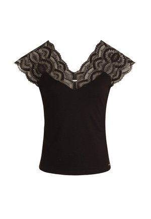 Black top with ribbed texture, featuring a wide lace overlay at the shoulders, creating a V-neckline, and smooth body fit.