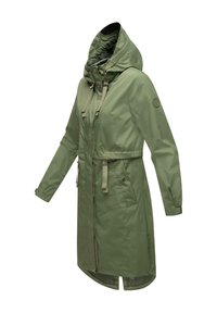 Groene waterdichte parka met een capuchon, verstelbare koordjes, ritssluiting en knopen, en zijzakken. Glad materiaal, knielange pasvorm.
