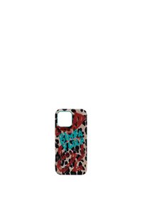 Funda de teléfono con un estampado de leopardo beige y acentos en rojo y turquesa, que incluye un lazo y el texto que dice "BIMBA VIOLA".