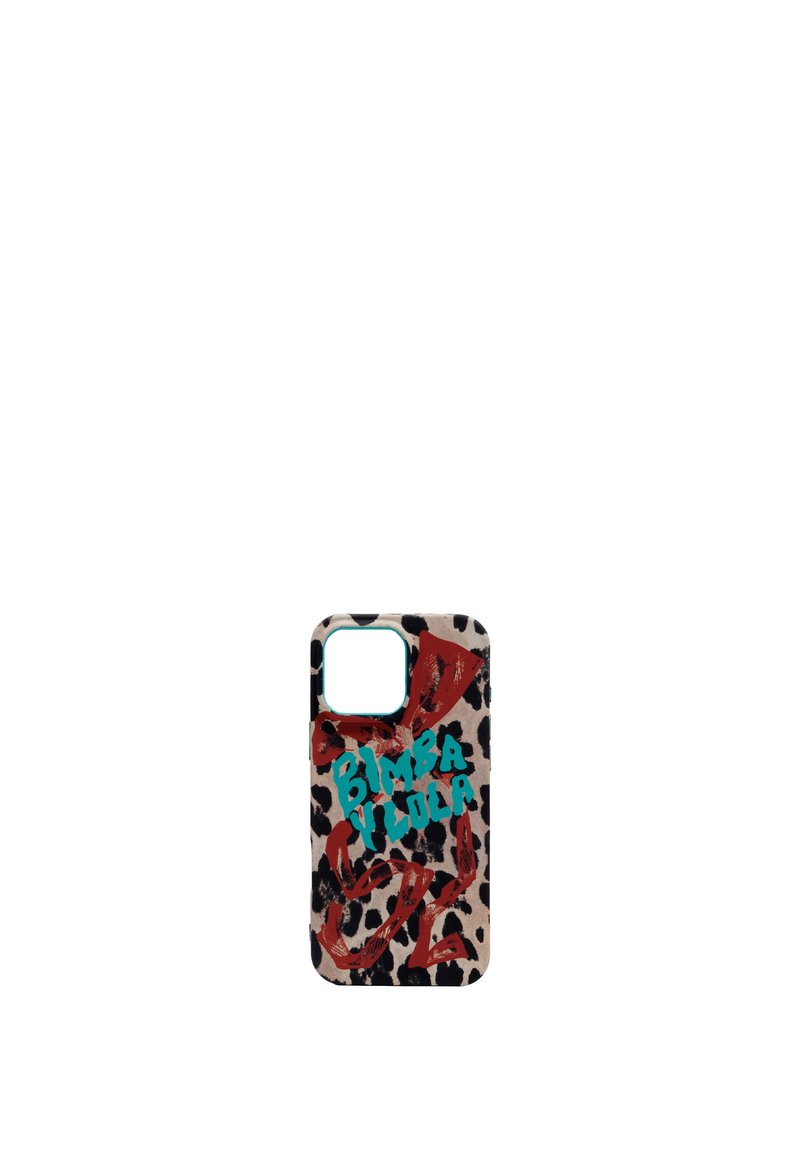 Funda de teléfono con un estampado de leopardo beige y acentos en rojo y turquesa, que incluye un lazo y el texto que dice "BIMBA VIOLA".