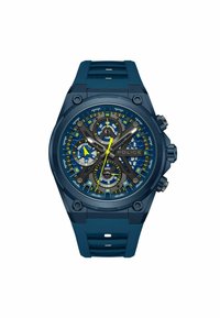 Blå kronografklocka med en strukturerad rund urtavla, gula accenter och ett gummiband. Har lager av underviser och en djärv design.