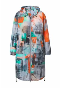 Lichte, meerkleurige regenjack met abstracte patronen in grijs, oranje, teal en groen. Beschikt over een capuchon, trekkoord in de taille en ritsluiting.