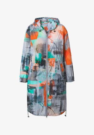 Leichte, mehrfarbige Regenjacke mit abstrakten Mustern in Grau, Orange, Blaugrün und Grün. Verfügt über eine Kapuze, einen Kordelzug in der Taille und einen Reißverschluss.