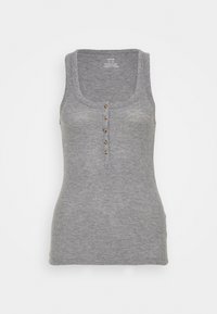 Grå ribbad tanktop med rund halsringning, fem knappdetaljer fram och en figurnära passform. Tillverkad av mjukt bomullsmaterial.