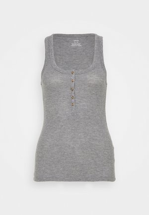 Graues geripptes Tanktop mit rundem Ausschnitt, fünf Knöpfen an der Vorderseite und figurbetonter Form. Hergestellt aus weichem Baumwollmaterial.