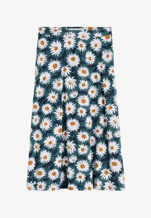 Bloemenrok met een teal achtergrond en witte madeliefjes met oranje centra. Gemaakt van zachte stof met een uitlopende stijl en een tailleband.