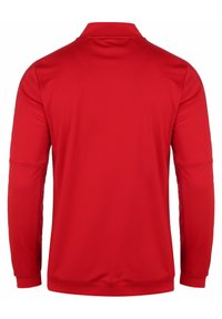 Rode lange mouw polo gemaakt van gladde, lichte stof. Heeft een klassieke kraag en onafgebroken mouwen, zonder zichtbare afbeeldingen of logo's.