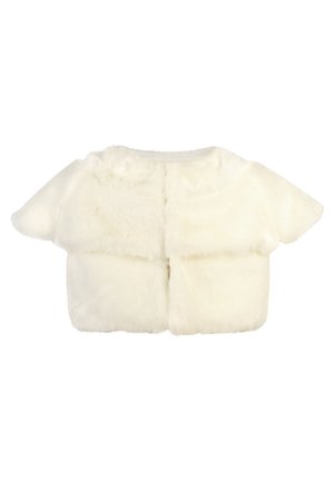 Kort hvid faux fur bolerojakke med korte ærmer og en dekorativ blomste detalje nær kraven.