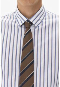 Camisa blanca con finas rayas verticales azules y marrones, acompañada de una corbata marrón con rayas diagonales en azul marino y blanco. Tejido texturizado.