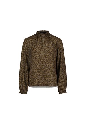 Hnědá vzorovaná blůza s vysokým límcem, nařasenými detaily, dlouhými rukávy a elastickými manžetami. Vyrobena z lehké látky s leopardím potiskem.