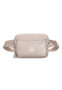 Beige fabric crossbody bag with a front zip pocket, textured surface, and a decorative charm. Features a sturdy strap with adjustable length.