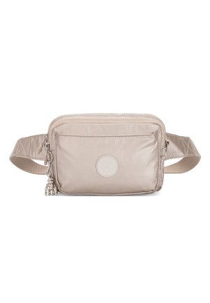 Beige stoffen schoudertas met een voorzak met rits, een textuur oppervlak en een decoratieve charme. Beschikt over een stevige strap met verstelbare lengte.