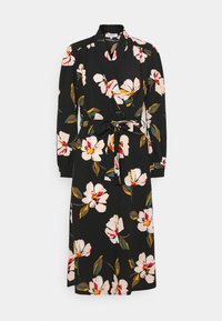 Robe portefeuille noire à manches longues avec un grand imprimé floral blanc et rose et une ceinture assortie nouée à la taille.