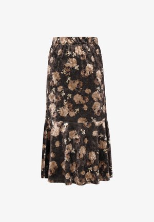 Floral-patterned skirt in dark brown and beige, featuring an elastic waistband and a flared hem with a ruffled trim. Soft texture.