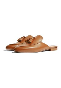Smeđe kožne slip-on cipele s glatkom završnom obradom, dizajnom s šiljastim prstom i dekorativnim resicama. Niski drveni potplat za udobnost i stil.