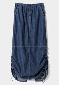 Denimkjol med elastisk midja och justerbara snören, med sidfickor och rynkade detaljer vid fållen.