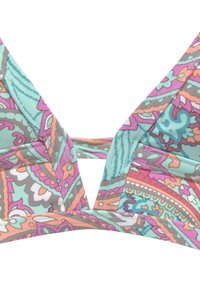 Trikampis bikini viršus su spalvinga paisley raštais, kurių spalvos – turkio, rožinė ir oranžinė. Yra plonos petnešėlės ir kryžminis nugaros dizainas.