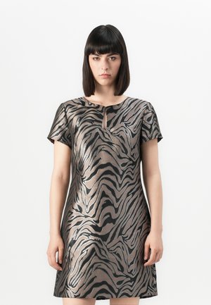 Short-sleeve dress in a metallic black and gold zebra print, featuring a keyhole neckline and a relaxed, A-line silhouette.
