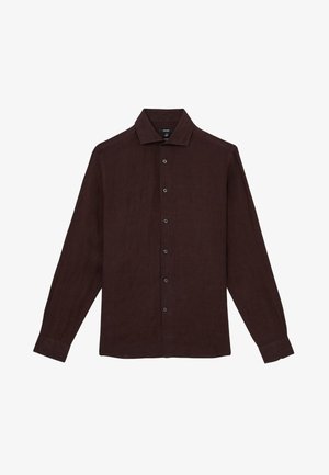 Donkerbruine herenblouse met lange mouwen, klassieke kraag en knoopmanchetten, plat liggend op een witte achtergrond.