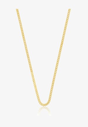 Collana in oro con maglie intrecciate, design piatto, superficie liscia e finitura lucida, creando una superficie riflettente.