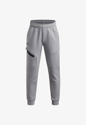 Szare sportowe spodnie dresowe z elastycznym paskiem w talii, bocznymi kieszeniami oraz czarnymi akcentami na kieszeniach i szwach. Miękka, teksturowana tkanina.