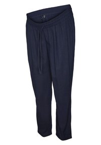 Pantalones jogger de color azul marino hechos de una tela suave, con cinturilla elástica y cordón. Diseño de pierna recta, ligero y con una textura transpirable.