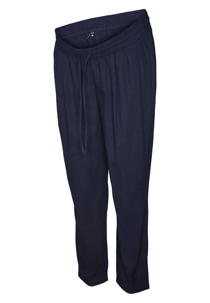 Pantalones jogger de color azul marino hechos de una tela suave, con cinturilla elástica y cordón. Diseño de pierna recta, ligero y con una textura transpirable.