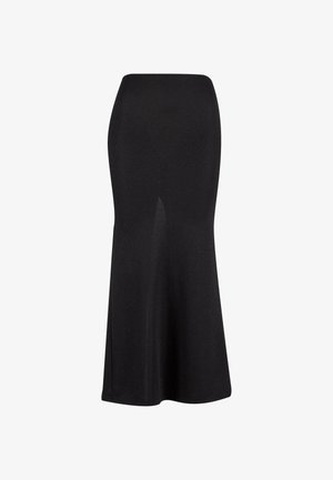 Black fitted skirt with a flared hem, made from soft stretch fabric, featuring a subtle front slit for added detail.
