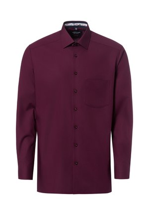 Koszula z długim rękawem na guziki w ciemnym bordowym kolorze, z kołnierzykiem w szpic i pojedynczą kieszenią na piersi, prezentowana na białym tle.