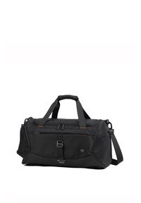 Borsa a duffel nera realizzata in tessuto resistente, dotata di manici superiori e di una tracolla staccabile, con un comparto principale con zip e tasca frontale.