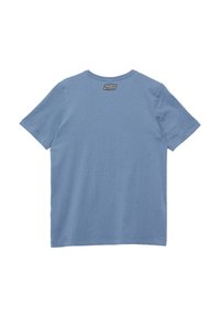 Hellblaue Kurzarm-T-Shirt aus weicher Baumwolle, mit einem runden Ausschnitt und einem kleinen Markenetikett auf der Rückseite.